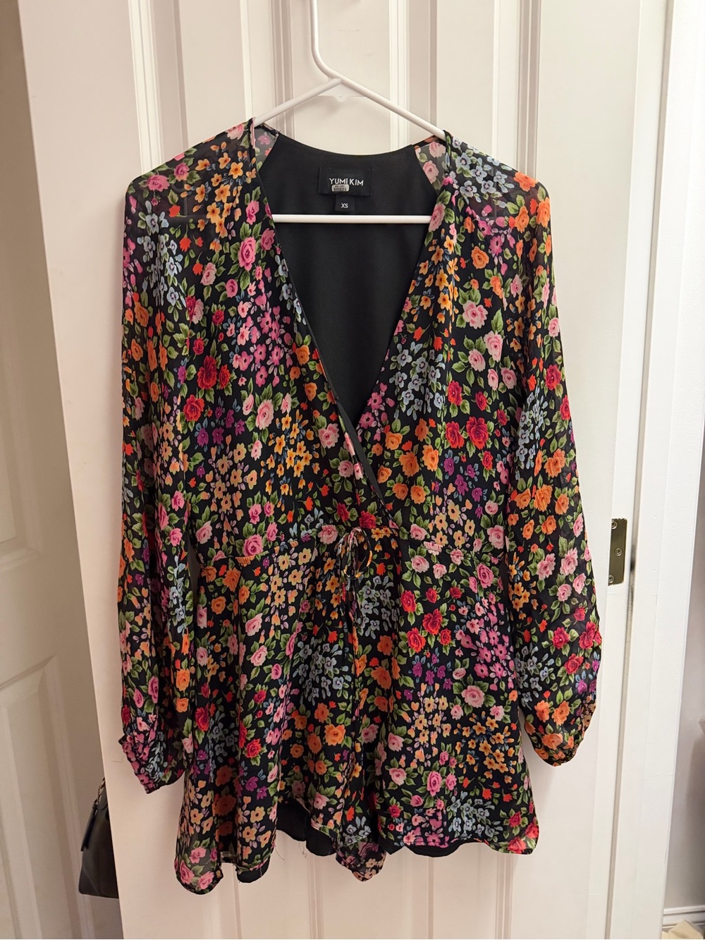Yumi Kim Black Floral Wrap Tunic with Pink Orange Green Purple Accents